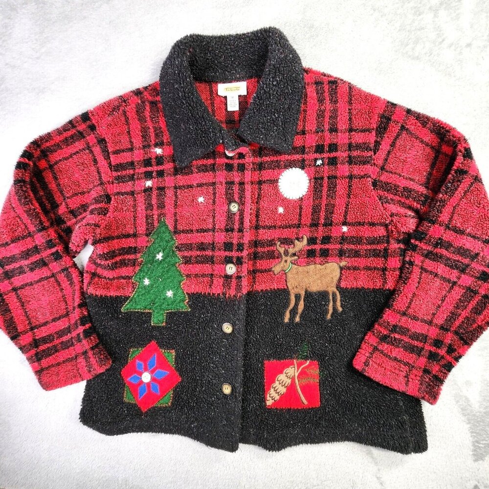 Talbots Jacket Women M Red Buffalo Plaid Fleece Festive Applique Moose Outdoor